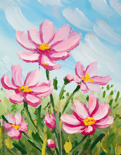 Oil painting of beautiful pink wild flowers, blue sky. Brush strokes. Abstract floral design.