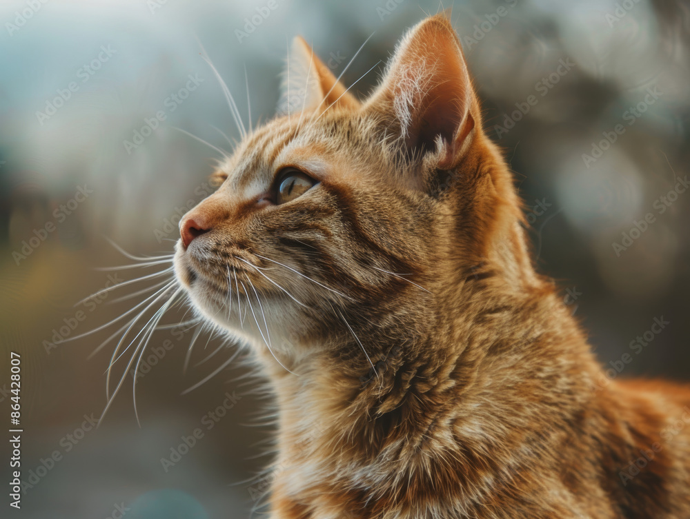 Fototapeta premium A cat with a long tail and orange fur is looking up at the camera