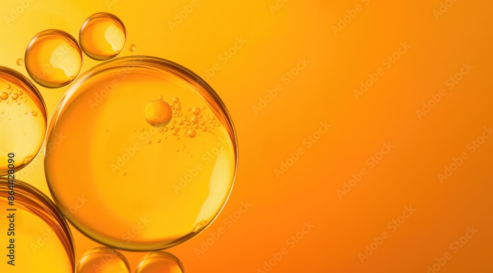 A close-up shot of yellow oil bubbles in water against an orange background looks elegant. A close-up shot of yellow oil bubbles in water against an orange background looks elegant.
