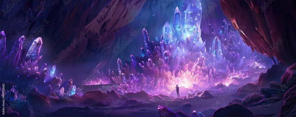 Fototapeta premium A mesmerizing digital artwork featuring a lone figure standing in a cave illuminated by glowing purple and blue crystals.