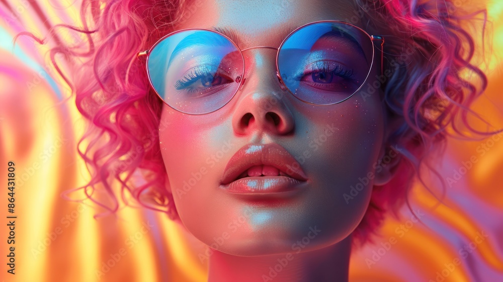 a woman with pink hair wearing glasses, with yellow wave background for a cool promotion. a woman with pink hair wearing glasses, with yellow wave background for a cool promotion.
