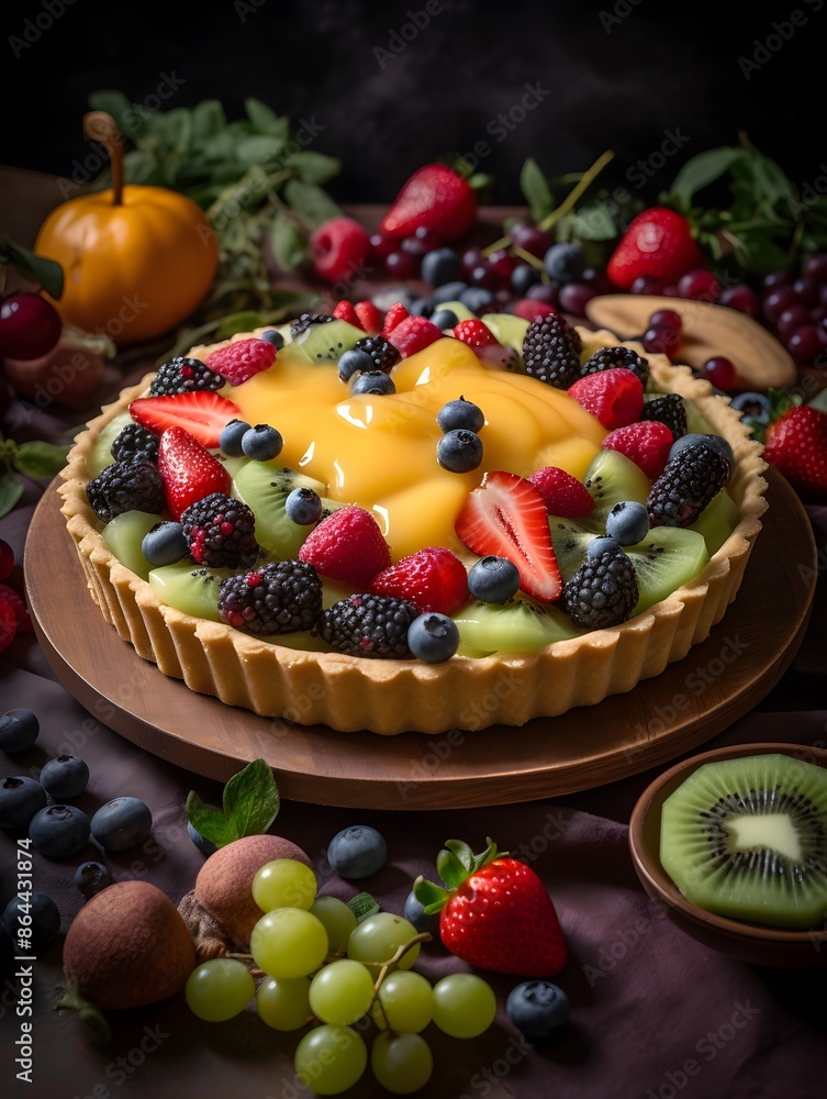 Vibrant Mixed Fruit Tart with Kiwi, Berries, and Peach Glaze. Vibrant Mixed Fruit Tart with Kiwi, Berries, and Peach Glaze.