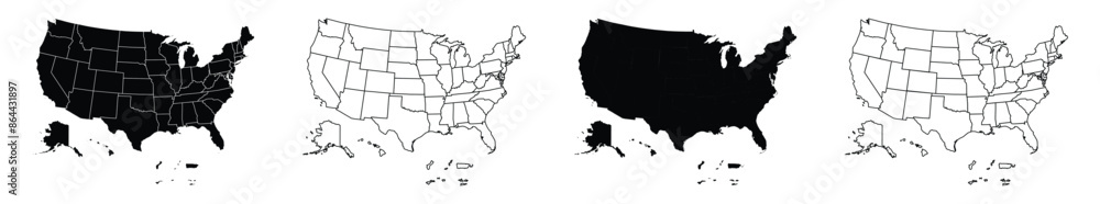USA Map: Blank and Filled State Outlines for Graphic Design. USA Political Map Set - High Contrast and Outline Versions - Detailed States. USA Map: Blank and Filled State Outlines for Graphic Design. USA Political Map Set - High Contrast and Outline Versions - Detailed States.