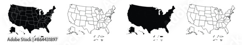 USA Map: Blank and Filled State Outlines for Graphic Design. USA Political Map Set - High Contrast and Outline Versions - Detailed States.