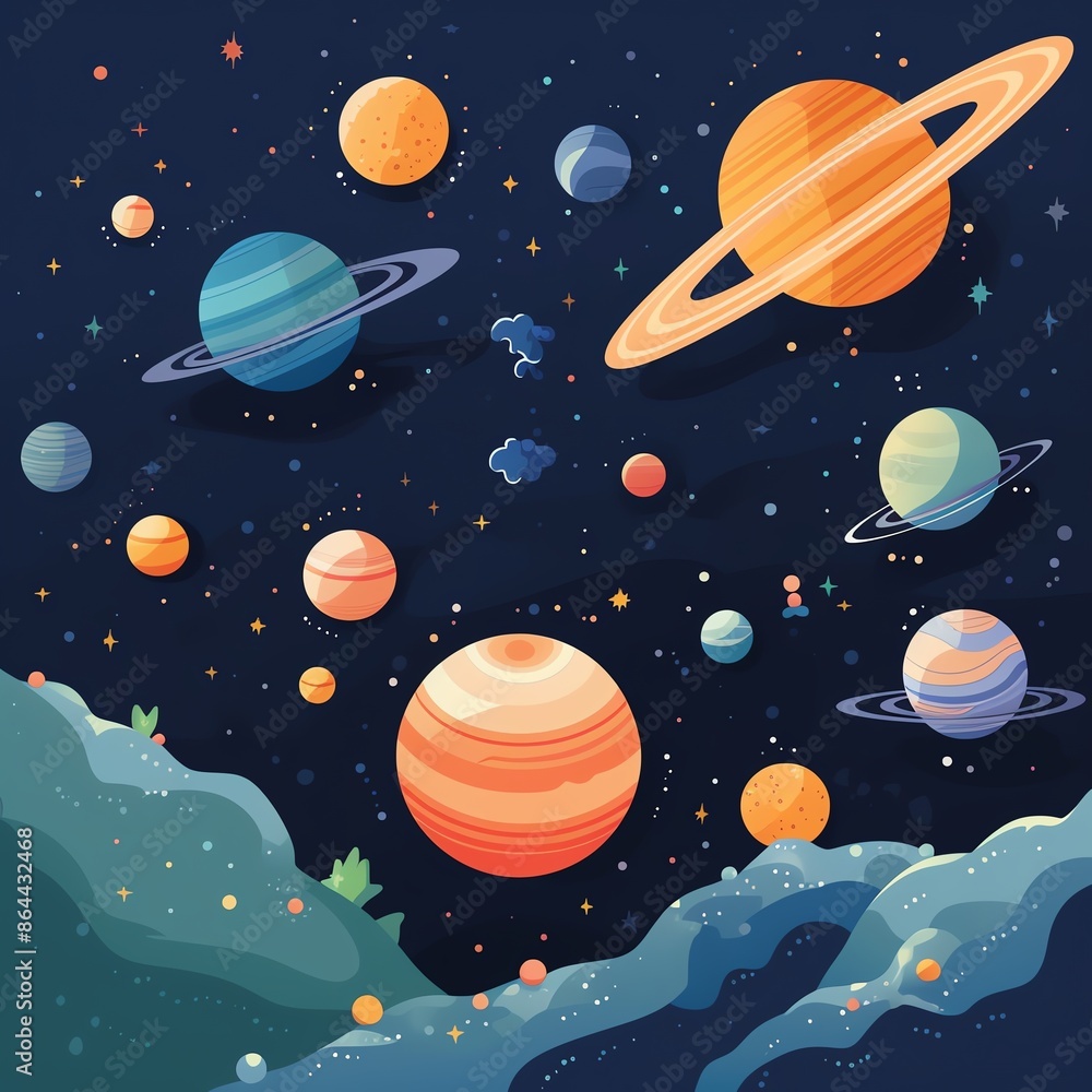 Colorful space illustration with various planets and stars floating in a dark starry sky, highlighting the beauty of the universe. Colorful space illustration with various planets and stars floating in a dark starry sky, highlighting the beauty of the universe.