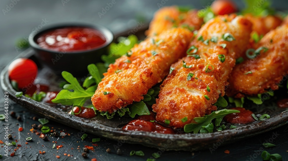 Crispy Fish Sticks with Dipping Sauce: Served with Fresh Greens on Rustic Metal Tray Crispy Fish Sticks with Dipping Sauce: Served with Fresh Greens on Rustic Metal Tray