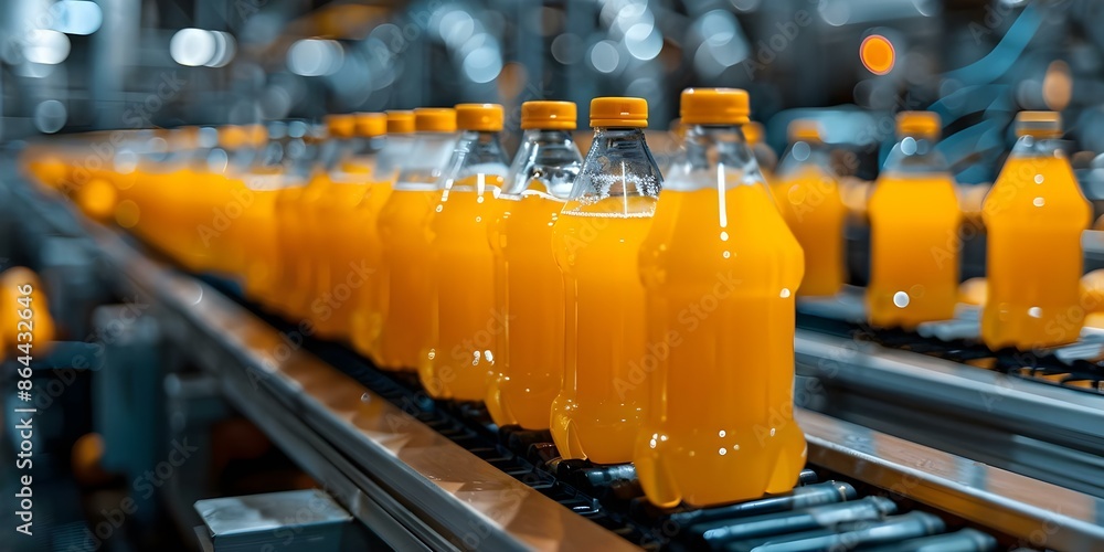 Factory producing orange juice bottles on a production line. Concept Efficient manufacturing process, High-tech machinery, Quality control, Packaging innovation, Inventory management Factory producing orange juice bottles on a production line. Concept Efficient manufacturing process, High-tech machinery, Quality control, Packaging innovation, Inventory management