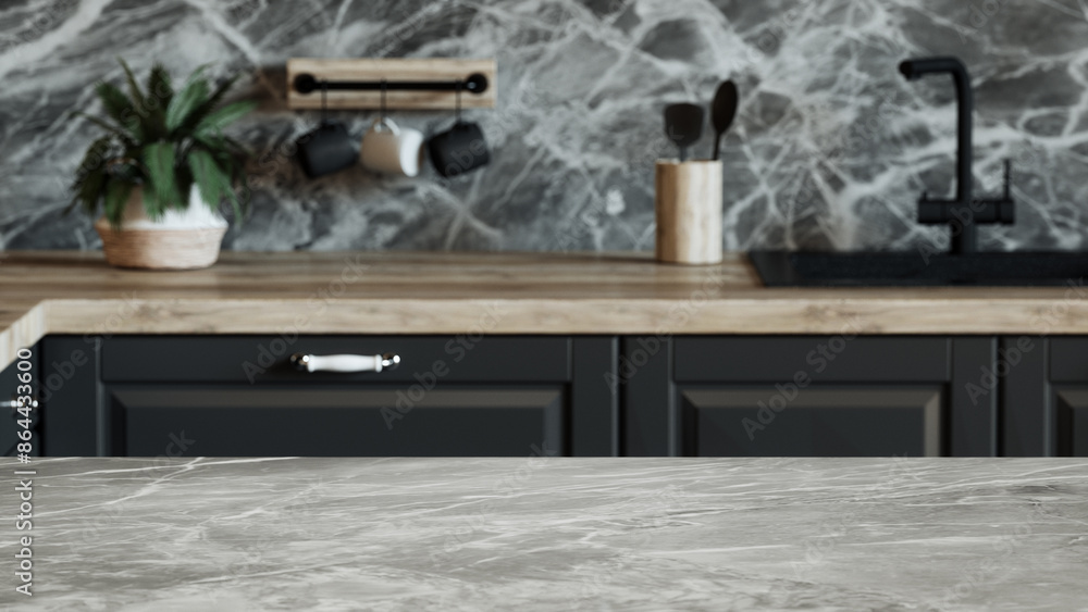 Modern Kitchen Grey Marble Table Top Close-up Mockup Blur Background And Grey Marble Backsplash, Black Cabinetry, Potted Plant And Black Faucet Modern Kitchen Grey Marble Table Top Close-up Mockup Blur Background And Grey Marble Backsplash, Black Cabinetry, Potted Plant And Black Faucet