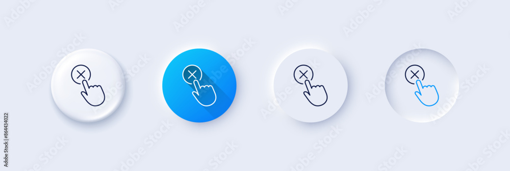 Reject click line icon. Neumorphic, Blue gradient, 3d pin buttons. Decline or remove button sign. Line icons. Neumorphic buttons with outline signs. Vector Reject click line icon. Neumorphic, Blue gradient, 3d pin buttons. Decline or remove button sign. Line icons. Neumorphic buttons with outline signs. Vector
