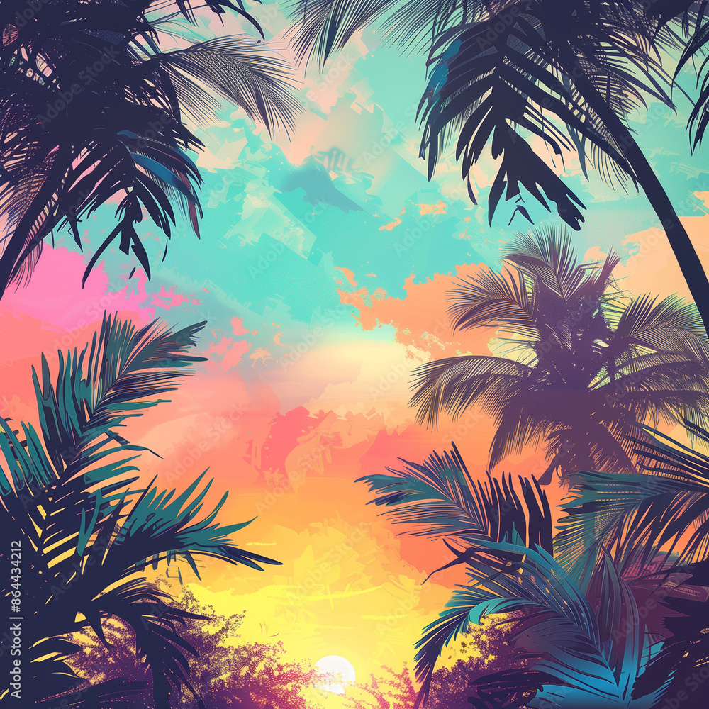 palm trees at sunset; summery tropical island with palm trees; sunset in warm country; blue and pink sky; romantic summer background; copy space for text palm trees at sunset; summery tropical island with palm trees; sunset in warm country; blue and pink sky; romantic summer background; copy space for text