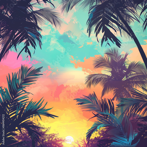 palm trees at sunset; summery tropical island with palm trees; sunset in warm country; blue and pink sky; romantic summer background; copy space for text