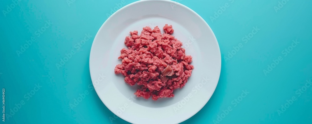 Ground beef on a white plate with blue background, raw meat display. Food preparation concept Ground beef on a white plate with blue background, raw meat display. Food preparation concept