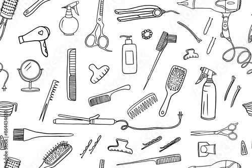 Seamless pattern of hairdresser tools in doodle style. Hair dryer, comb, hairbrush, hairpin, invisible, mirror, scissors, hairgrip, hair-slide,shampoo, curling iron. Stylist. Beauty salon. Hand drawn