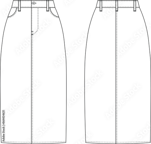 midi body-con denim jean skirt template technical drawing flat sketch cad mockup fashion woman design style model
