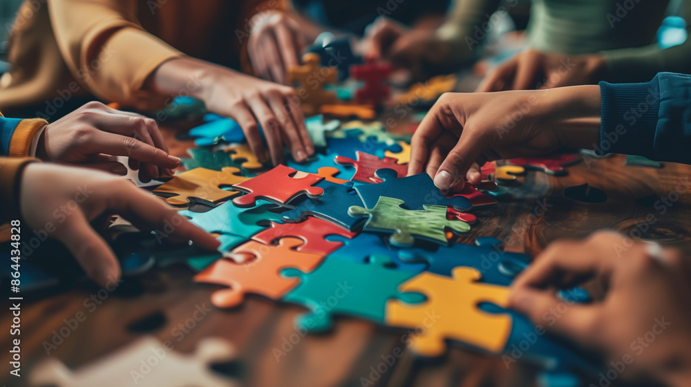 Company employees playing game and joining pieces of jigsaw puzzle during team building activity Company employees playing game and joining pieces of jigsaw puzzle during team building activity