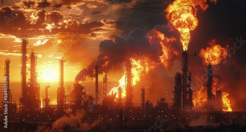 Industrial Complex Burning at Sunset With Smoke and Flames