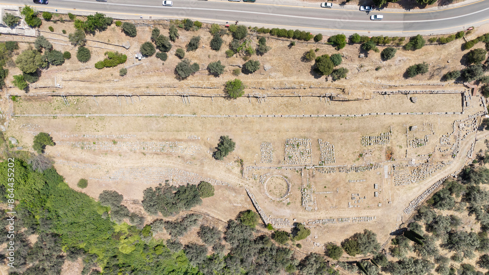 Aerial bird's eye view photo taken by drone of archaeological site of ...