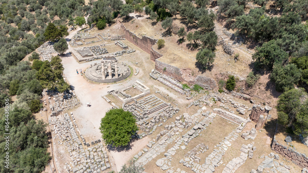 Aerial bird's eye view photo taken by drone of archaeological site of ...