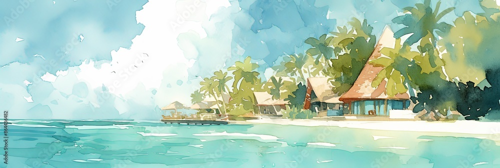 Φωτογραφία Watercolor illustration of a tropical resort featuring thatched-roof bungalows along a sandy beach