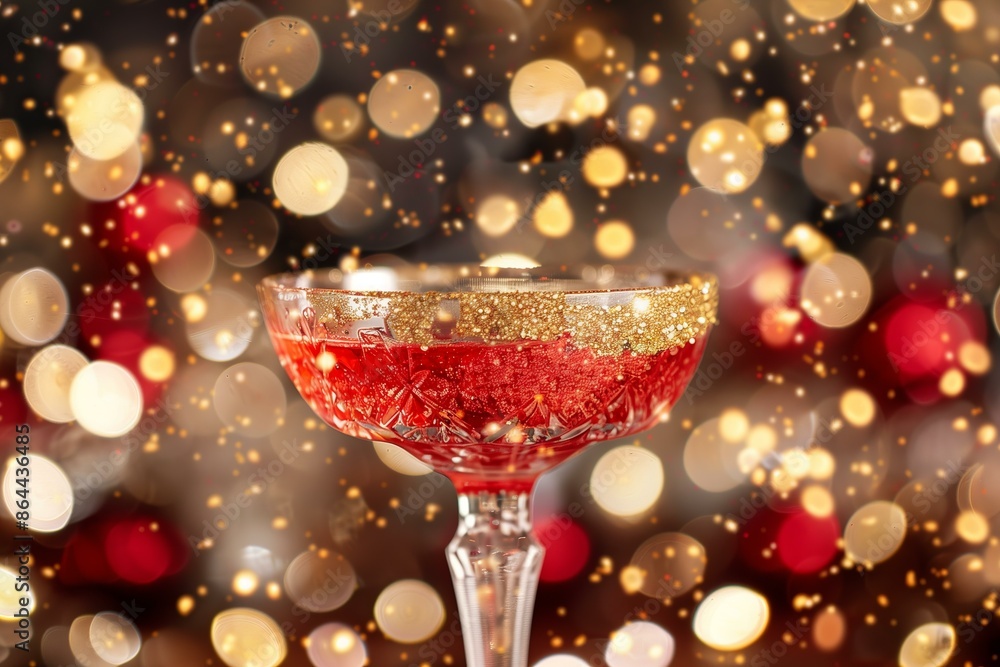 sparkling red cocktail in a crystal coupe glass, surrounded by festive bokeh lights and golden glitter sparkling red cocktail in a crystal coupe glass, surrounded by festive bokeh lights and golden glitter