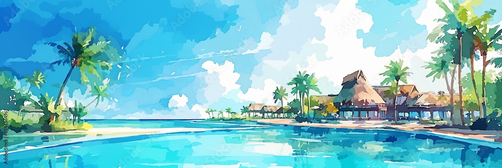 Φωτογραφία Vibrant watercolor illustration of a tropical resort with thatched-roof bungalows, palm trees, and a pristine beach
