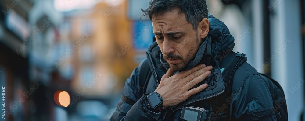 A man outdoors appears to be in distress or facing a health issue, holding his throat on a city street in cool weather. A man outdoors appears to be in distress or facing a health issue, holding his throat on a city street in cool weather.