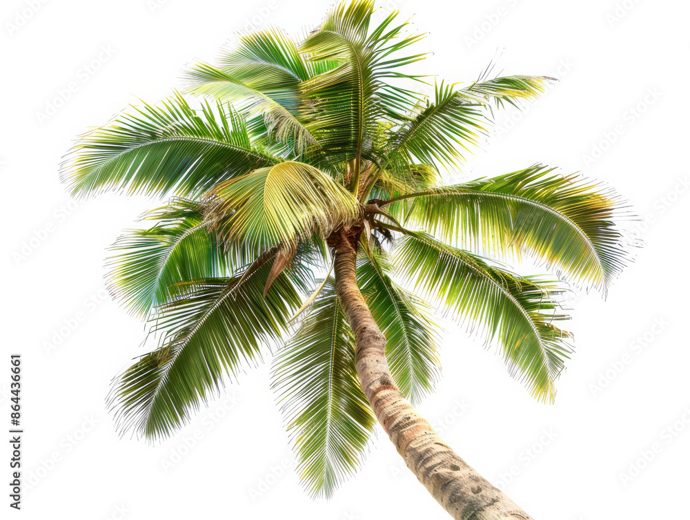 Obraz premium A palm tree with a long trunk and green leaves on a white background