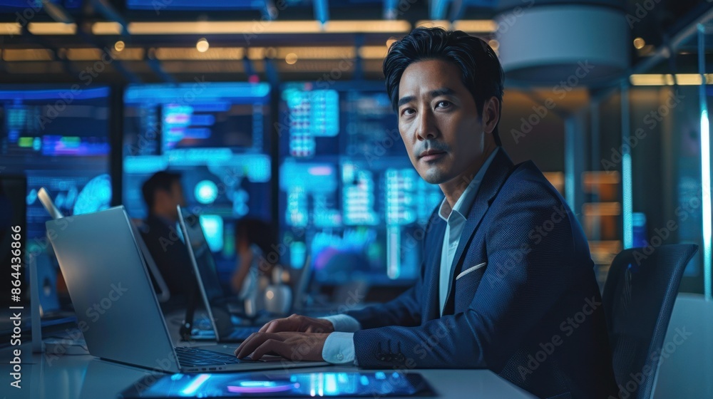 Businessman working late at night in modern office surrounded by technology screens and data analysis tools. Businessman working late at night in modern office surrounded by technology screens and data analysis tools.