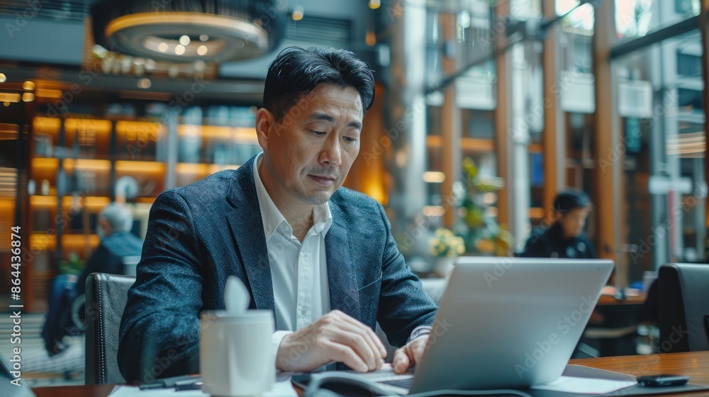 Businessman working on laptop in modern office setting. Focused on task at hand. Urban workspace with natural light and contemporary decor. Businessman working on laptop in modern office setting. Focused on task at hand. Urban workspace with natural light and contemporary decor.