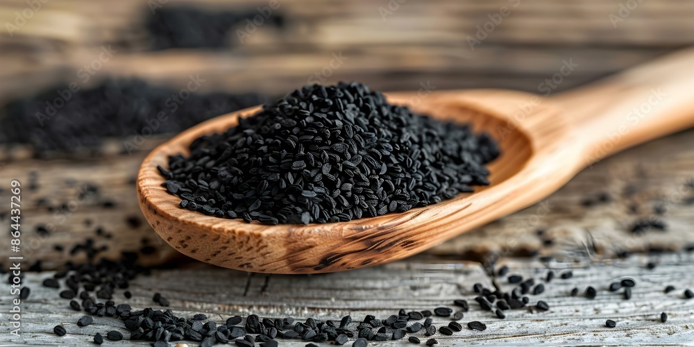 Organic black cumin Nigella Sativa on wooden spoon for medicinal purposes. Concept Organic Food, Spices, Health Benefits, Herbal Remedies, Natural Medicine Organic black cumin Nigella Sativa on wooden spoon for medicinal purposes. Concept Organic Food, Spices, Health Benefits, Herbal Remedies, Natural Medicine
