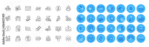 Loyalty gift, Corrupt and Coins bag line icons pack. Salary, Difficult stress, Deflation web icon. Deal, Currency exchange, Sale megaphone pictogram. Bitcoin mining, Credit card, Bid offer. Vector