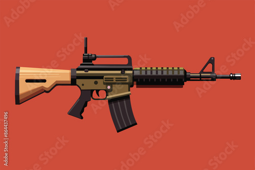 AR-15 machine gun on red background, powerful weapon with sleek design, symbol of military strength.