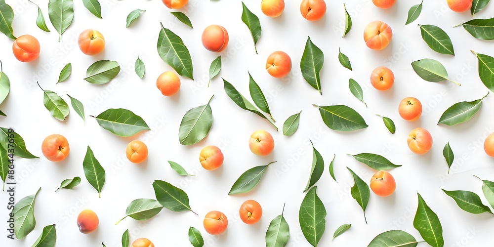 Peach and orange pattern with green leaves on a white background. Concept Peach, Orange, Pattern, Green Leaves, White Background Peach and orange pattern with green leaves on a white background. Concept Peach, Orange, Pattern, Green Leaves, White Background
