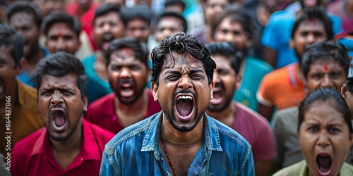 Group of Indian people shouting angrily with mouths open facing camera. Concept Angry Protest, Indian Group, Emotions, On Camera, Outrage © Anastasiia
