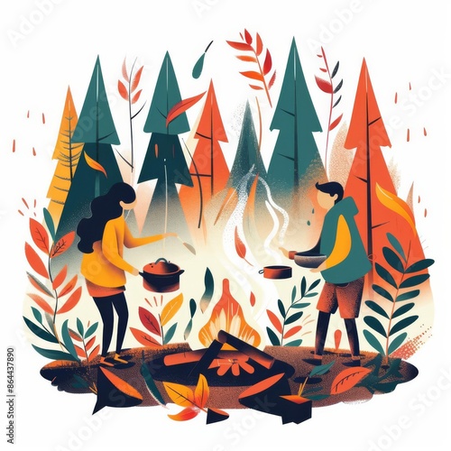 Stylized vector illustration of a couple cooking over a campfire in a forest setting, presented on a white background photo