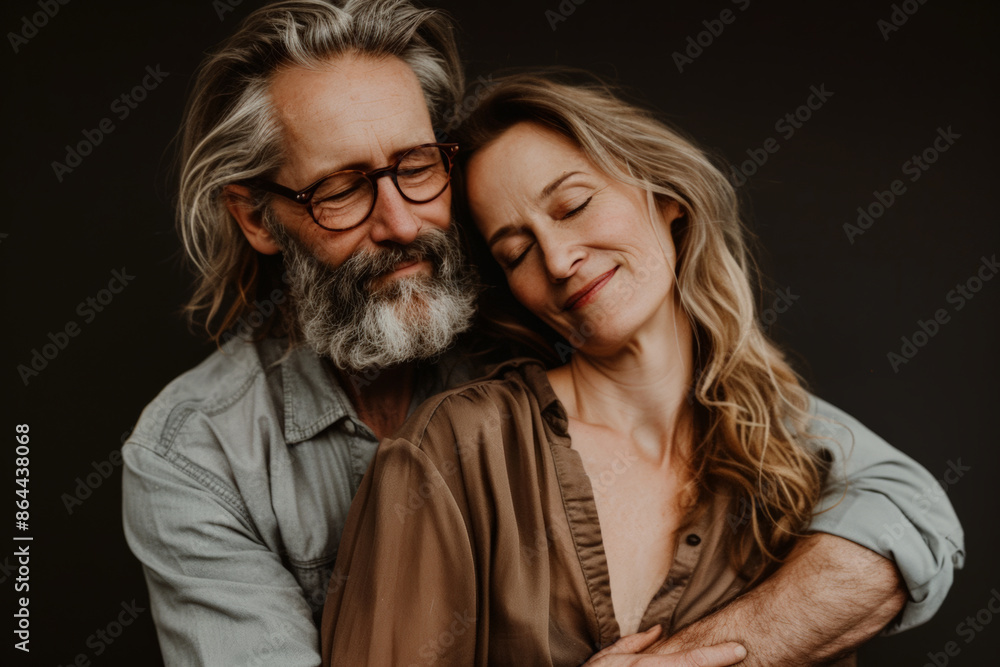 Elderly people in love. Close-up portrait of senior couple in love, hug embrace with romance together, in studio, dark background. Elderly people in love. Close-up portrait of senior couple in love, hug embrace with romance together, in studio, dark background.