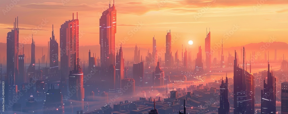 Futuristic cityscape at sunrise with towering skyscrapers and mist, panoramic view. Urban development and sci-fi concept Futuristic cityscape at sunrise with towering skyscrapers and mist, panoramic view. Urban development and sci-fi concept