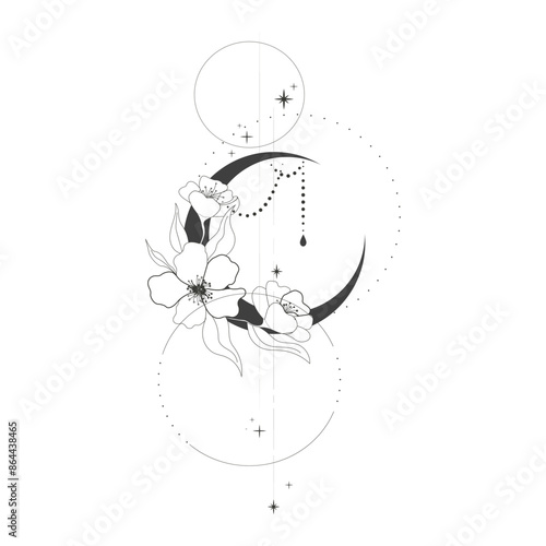 Elegant thin line moon flower contour tattoo, floral spiritual mystic element, Esoteric boho magic illustration, Line, leaves and dors decoration