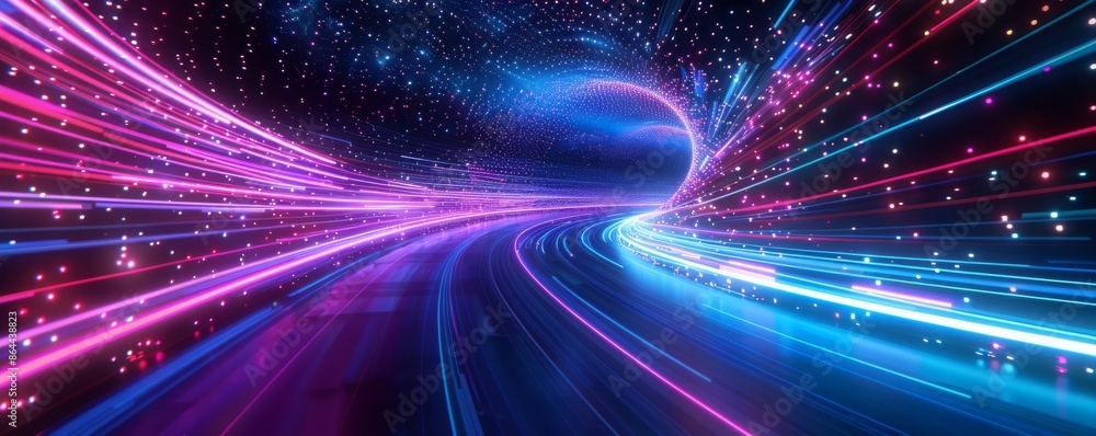 Neon light trails in futuristic tunnel, abstract digital background Neon light trails in futuristic tunnel, abstract digital background