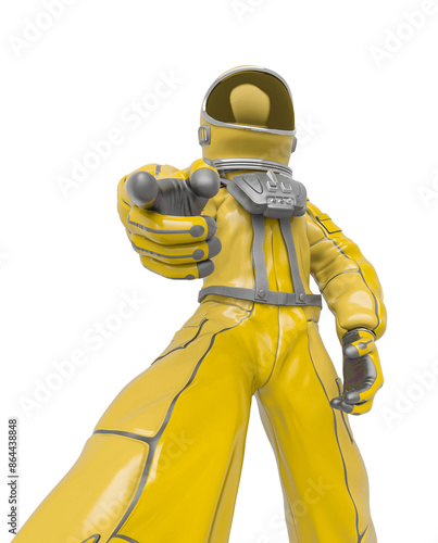 astronaut girl is in discover pose on close up bottom view