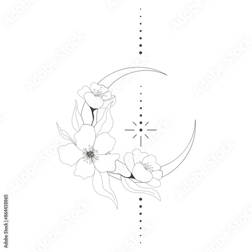 Elegant thin line moon flower contour tattoo, floral spiritual mystic element, Esoteric boho magic illustration, Line, leaves and dors decoration