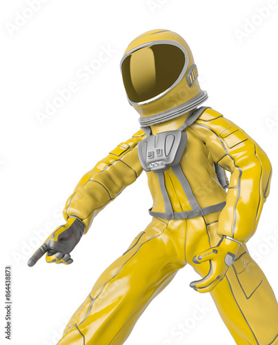 astronaut girl is in discover pose on close up view