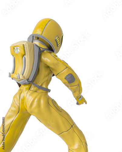 astronaut girl is in discover pose on close up rear view