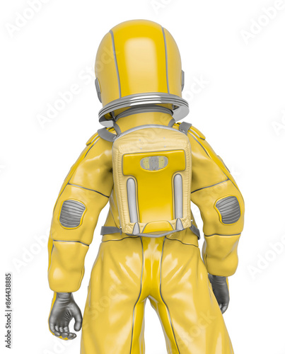 astronaut girl is standing up on close up rear view