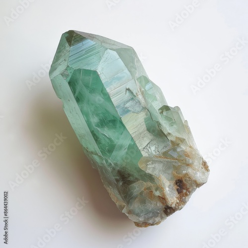 A close-up photo of a hiddenite gemstone crystal on a white background photo