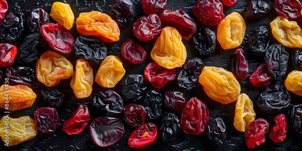 Closeup view of dried fruits blend with cranberries yellow and black raisins. Concept Dried Fruits, Cranberries, Yellow Raisins, Black Raisins, Closeup View Closeup view of dried fruits blend with cranberries yellow and black raisins. Concept Dried Fruits, Cranberries, Yellow Raisins, Black Raisins, Closeup View