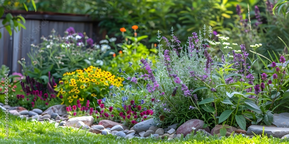 Tranquil garden with mix of flowers herbs and vines for cozy home. Concept Garden Design, Flower Arrangement, Herb Garden, Cozy Home, Tranquil Atmosphere Tranquil garden with mix of flowers herbs and vines for cozy home. Concept Garden Design, Flower Arrangement, Herb Garden, Cozy Home, Tranquil Atmosphere