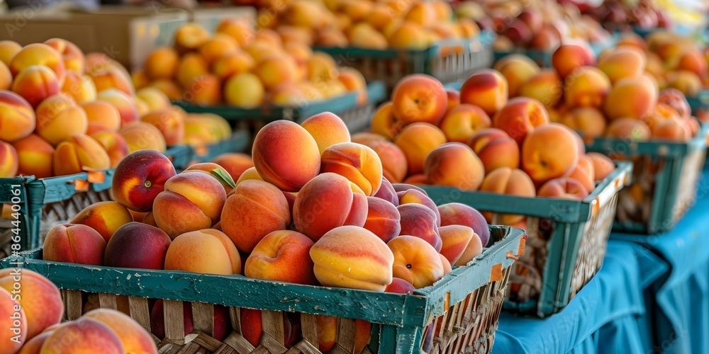 Peach baskets at South Carolina farmers market stand vibrant and fresh. Concept Fresh Produce, Farmers Market, South Carolina, Peaches, Vibrant Colors Peach baskets at South Carolina farmers market stand vibrant and fresh. Concept Fresh Produce, Farmers Market, South Carolina, Peaches, Vibrant Colors