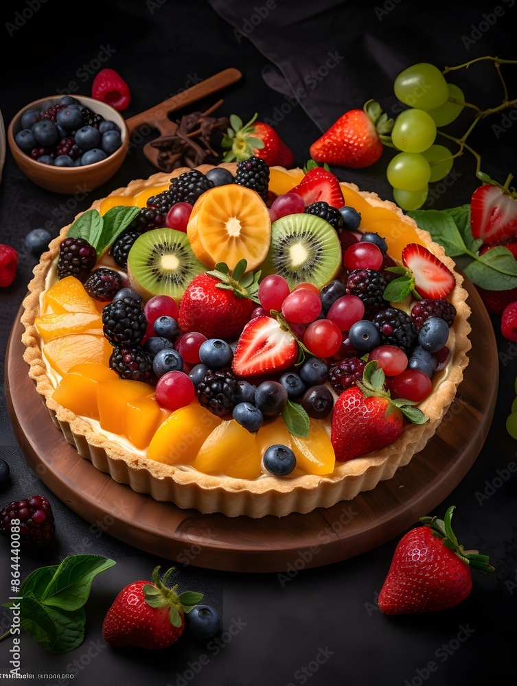 Vibrant Mixed Fruit Tart with Kiwi, Berries, and Peach Glaze. Vibrant Mixed Fruit Tart with Kiwi, Berries, and Peach Glaze.