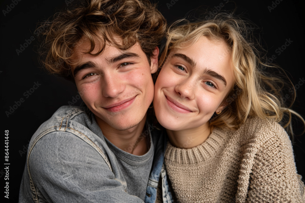 Young people in love. Close-up portrait of young couple in love, hug embrace with romance together, photographed in studio, dark background. Young people in love. Close-up portrait of young couple in love, hug embrace with romance together, photographed in studio, dark background.